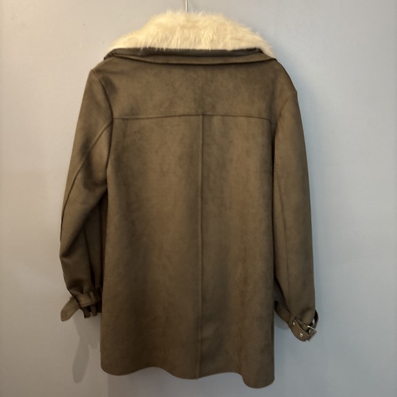 Hyfve Jacket Blazer Women's Sz S Faux Leather Suede olive Green Faux Fur Trim - Picture 2 of 15